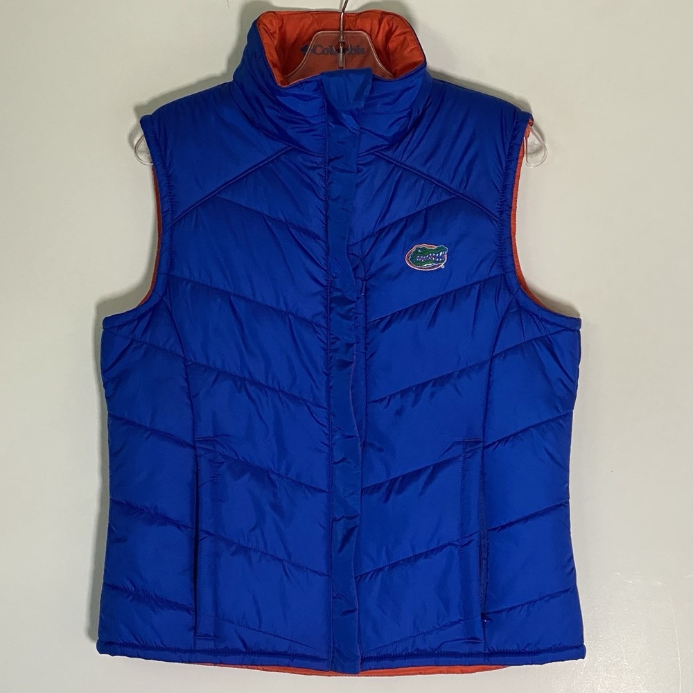 Columbia Vest Womens Medium Blue Orange Florida Gators Reversable Pockets Puffer